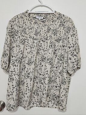 Indie & Co Cream & Black Women's Floral Smocked Short-Sleeve Top Size XXL